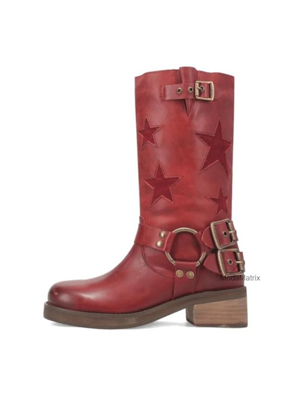 Knee High Riding Boots Square Toe Chunky Heel Buckle Star Faux Leather